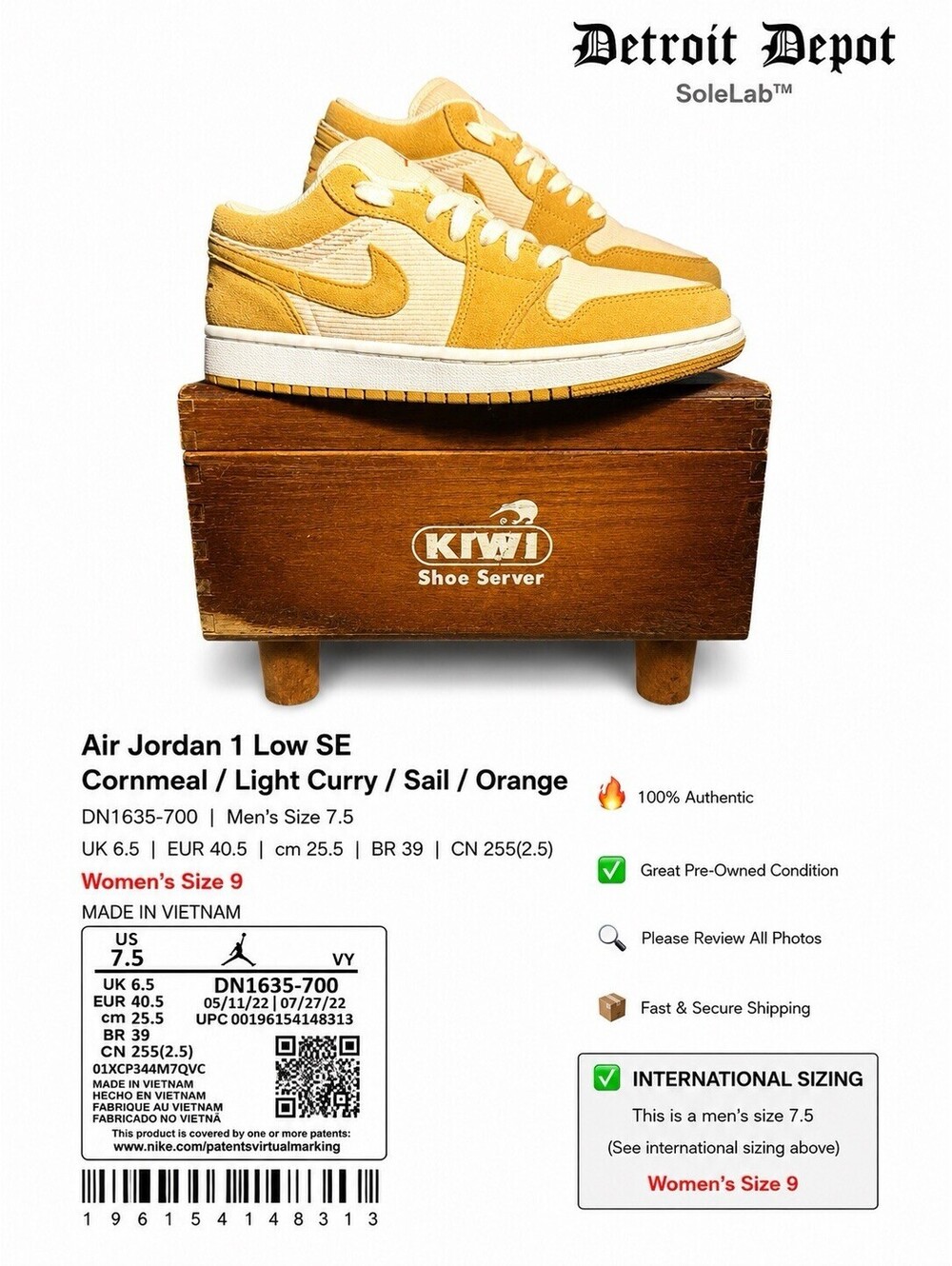 Nike Air Jordan 1 Low SE Light Curry Cornmeal DN1635-700 Wmns 7.5